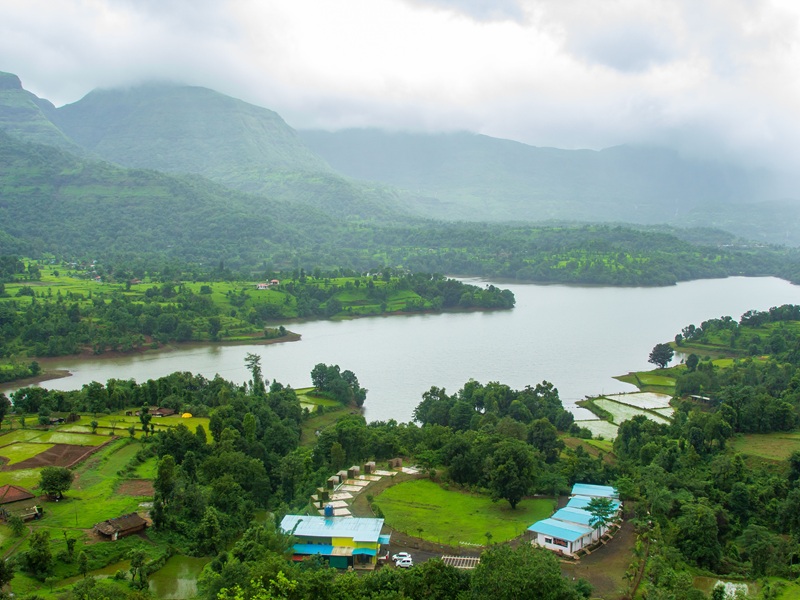 Beautiful monsoon landscape in Bhandardara with green hills and waterfalls