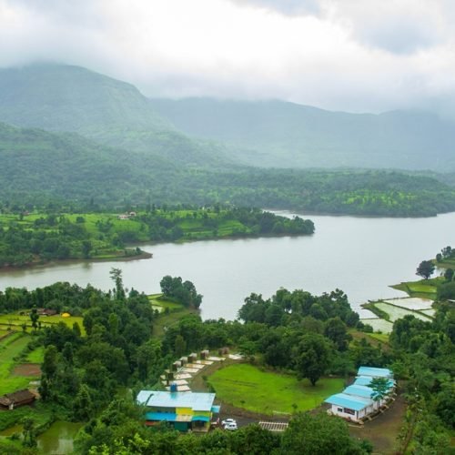 Beautiful monsoon landscape in Bhandardara with green hills and waterfalls