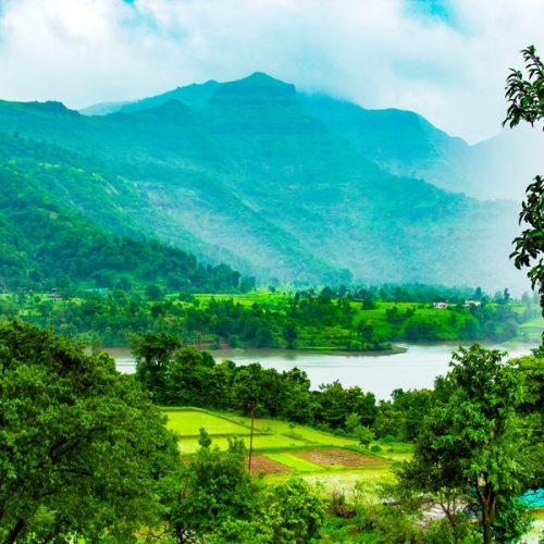 Scenic nature resort surrounded by hills in Bhandardara